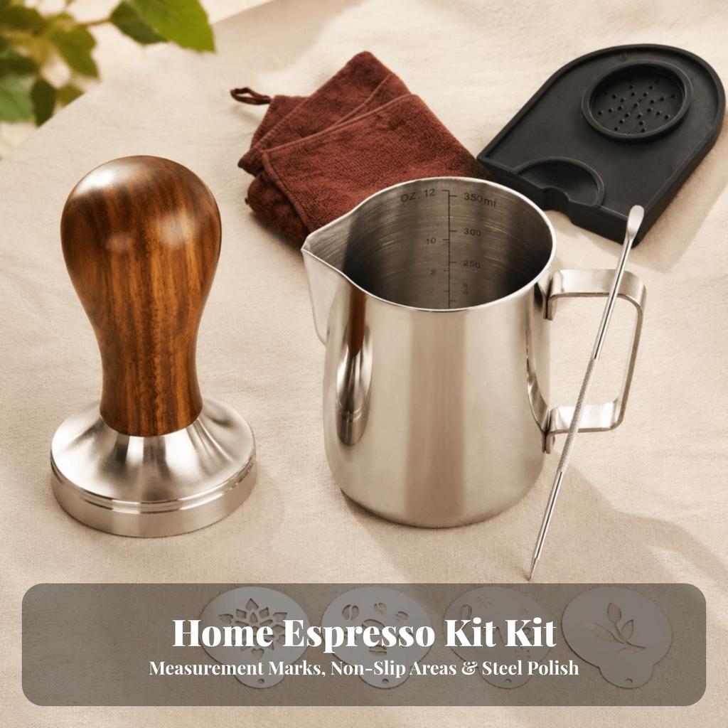 9 Pieces Espresso Accessories Kit Rust-Proof Milk Foaming Pitcher with Stencils