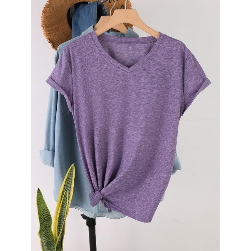 Fashionable Simple Versatile Pure-colored V-neck Short-sleeved Women's T-shirts