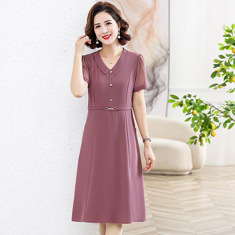 

Elegant Women s Summer V-Neck Plus Size Dress - Slimming Short-Sleeved Skirt for Mothers 5XL (suggested 75-82.5 kg) розовый коричневый
