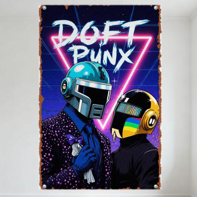 

Ретро-футуристическая неоновая металлическая жестяная табличка Daft Punk, эстетика сетки 80-х, настенная табличка для мужской комнаты, домашний декор 20x30cm（7.8x11.8inch）