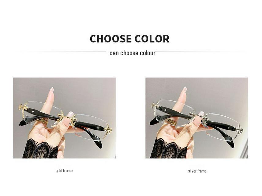 Women's Slim Frameless Anti-Blue Light Reading Glasses - Fashionable Plain Face Slimming Design with Cut Edge Style.