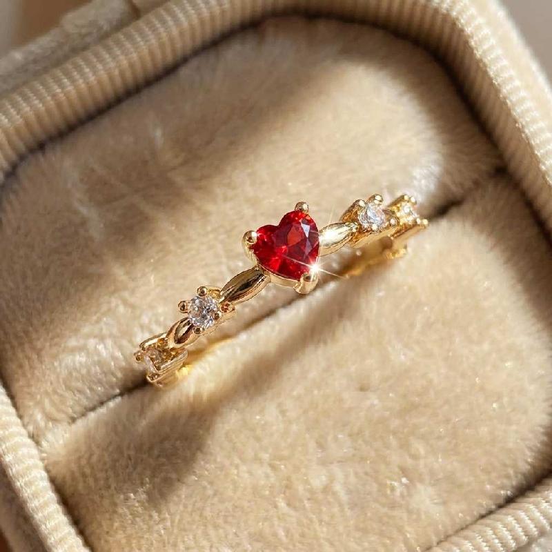 Посеребренные 18K Золотом Кольца с Красным Сердцем и Цирконами для Женщин Вечеринка Свадьба Высокое Качество Винтаж Изящные Украшения 6 золотой