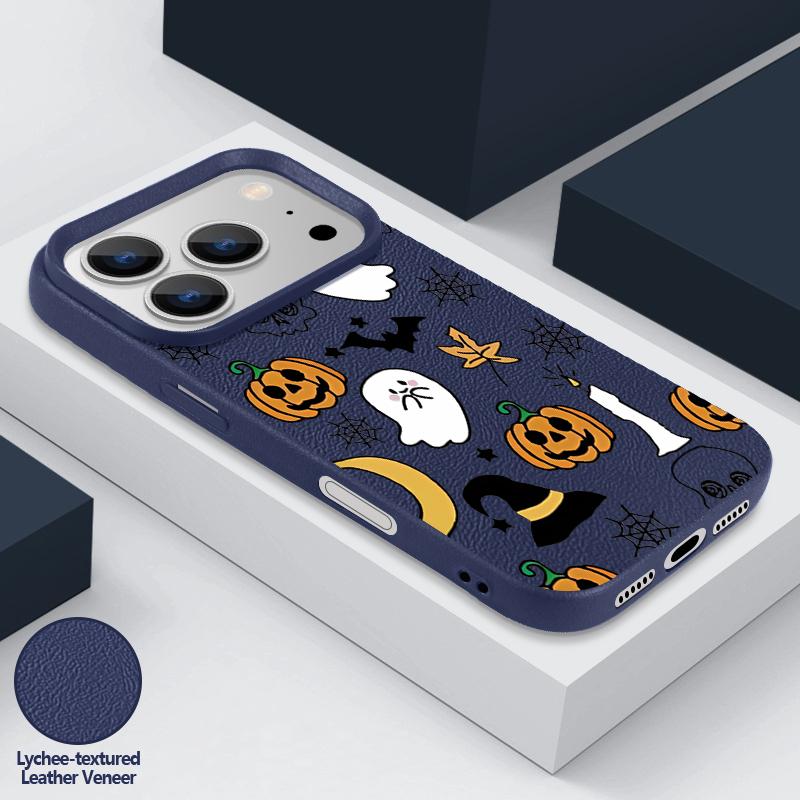 Pumpkin Lantern Ghost Halloween Case For iPhone 18 Pro Max 17 16 15 14 13 Pro Max 17E 16E Leather Texture Silicone Anti-skid Soft Cover