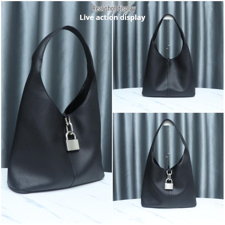 Bolso Hobo de Cuero Vacuno con Patrón Lichi de Gran Capacidad 2024 con Bolso Cesta Cerrable