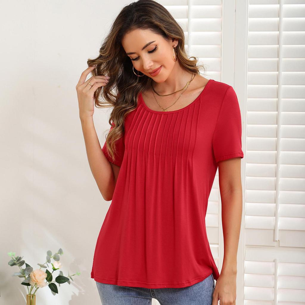Women’s Shirts Round-neck Short Sleeves Loose Tops Pullover Pleated Stripes T-shirts Solid Color Summer Spring Casual Wear