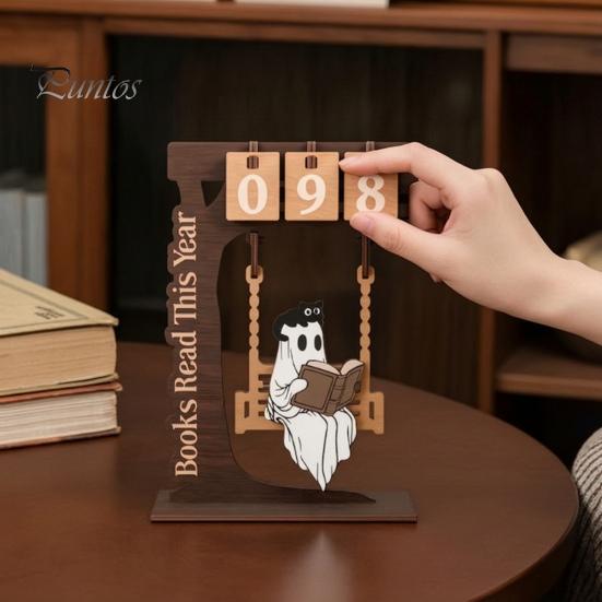 Unique Gift for Book Lovers Halloween Read This Year Counter, Funny Ghost Swing Wooden Ornament, Inspired Bookish Decor Gothic Reading Figurine