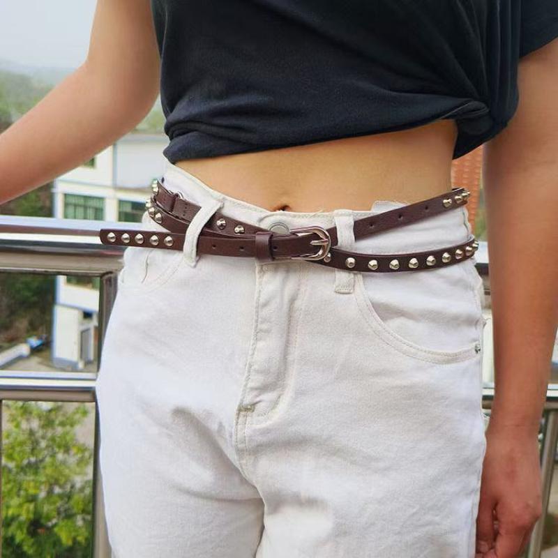 Punk Cowboy Style Double Circle Waist Belt Bucket Nail Extra Long Thin Waist Belt Casual Versatile Rivet Belt