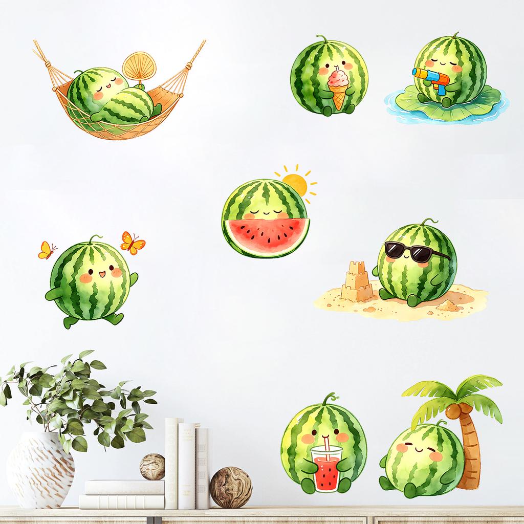 Creative Cartoon Watermelon Vacation Self Adhesive Removable No Residue Glass Window Sticker for Kitchen Living Room Home Decor