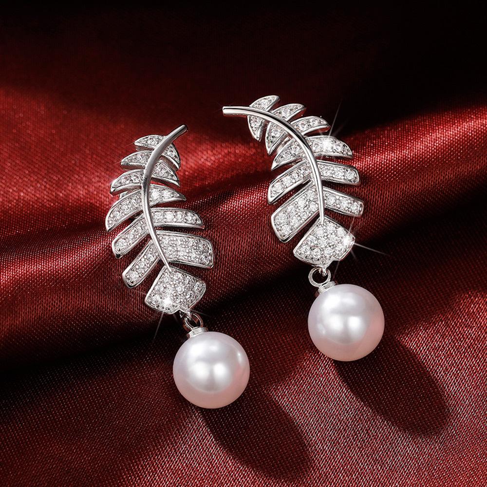 Micro Pave Clear Zircon Feather Leaf with Round Imitation Pearl Silver Dangle Earrings Banquet Ladies Accessories