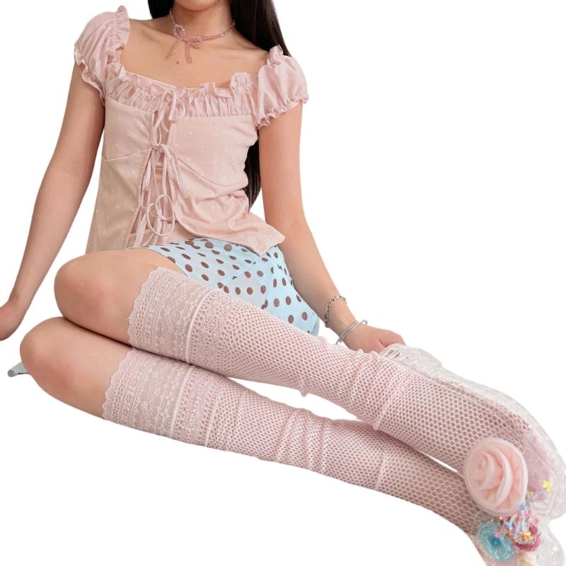 Fishnet Thigh High Stockings With Delicate Lace Edging And Comfortable Nylon Fabric Mesh Over Knee Long Socks For Women