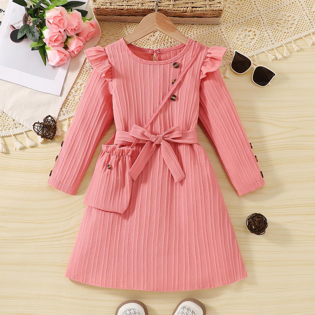 Girls' new French slim dress autumn red long-sleeved bow lace red cross-body bag