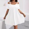 Women Cold Shoulder Short Sleeve Casual Loose Swing Dress with Elastic Neckline