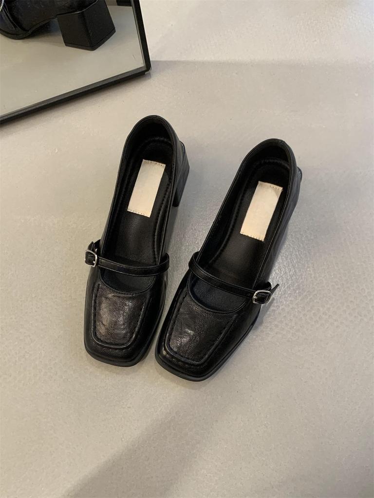 Retro Square Head High Heels, Shallow Mouth Single Shoes, Women's Spring and Autumn New French Temperament, Evening Breeze Thick Heel Leather Shoes