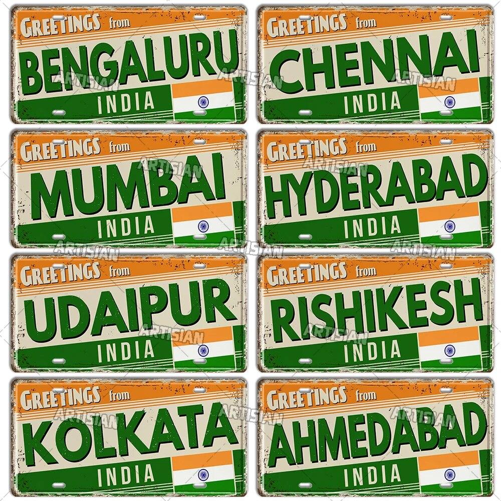 Artisian INDIA CHINA INDONESIAN License Plate Landmark State Metal Sign City Decorative Plaque Wall Decor Garage Bar Pub Club