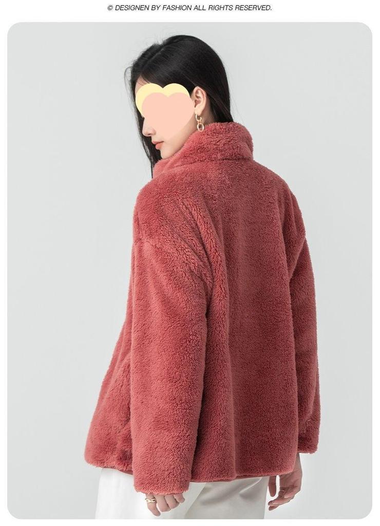 Women's Gray Double-Sided Fleece Hoodie Jacket, Plus Velvet, Thickened, Windproof Stand Collar, Long Sleeve, Warm Outerwear for Autumn/Winter