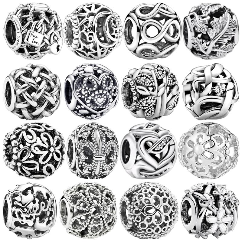 Pixar Hollow-out Round Woven Flower Queen Charm Bead European Silver Bracelet Necklace DIY Jewelry Gift for Women