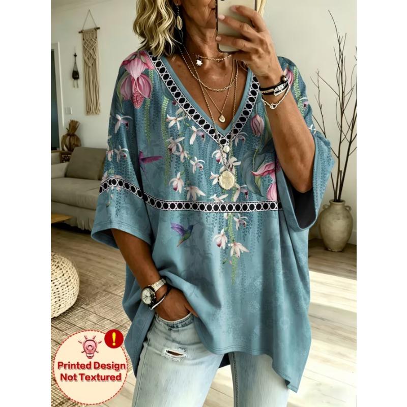 Women's large-size V-neck T-shirt, retro casual top, with printed design, fashionable and versatile ,machine washable.