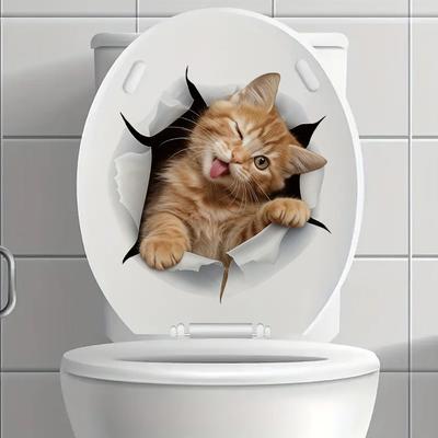 1pc 2DFlat Realistic Kitten Toilet Sticker Mischievous Wink Tongue Removable Vinyl Decal Bathroom Sticker Decoration Accessories