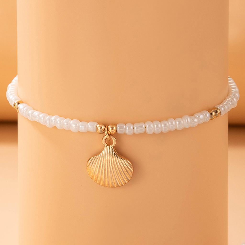 Classic Hot Selling Beach Holiday Imitation Pearls Chain Gold Color Conch Shell Pendant Anklet for Women Summer Ladies Gift