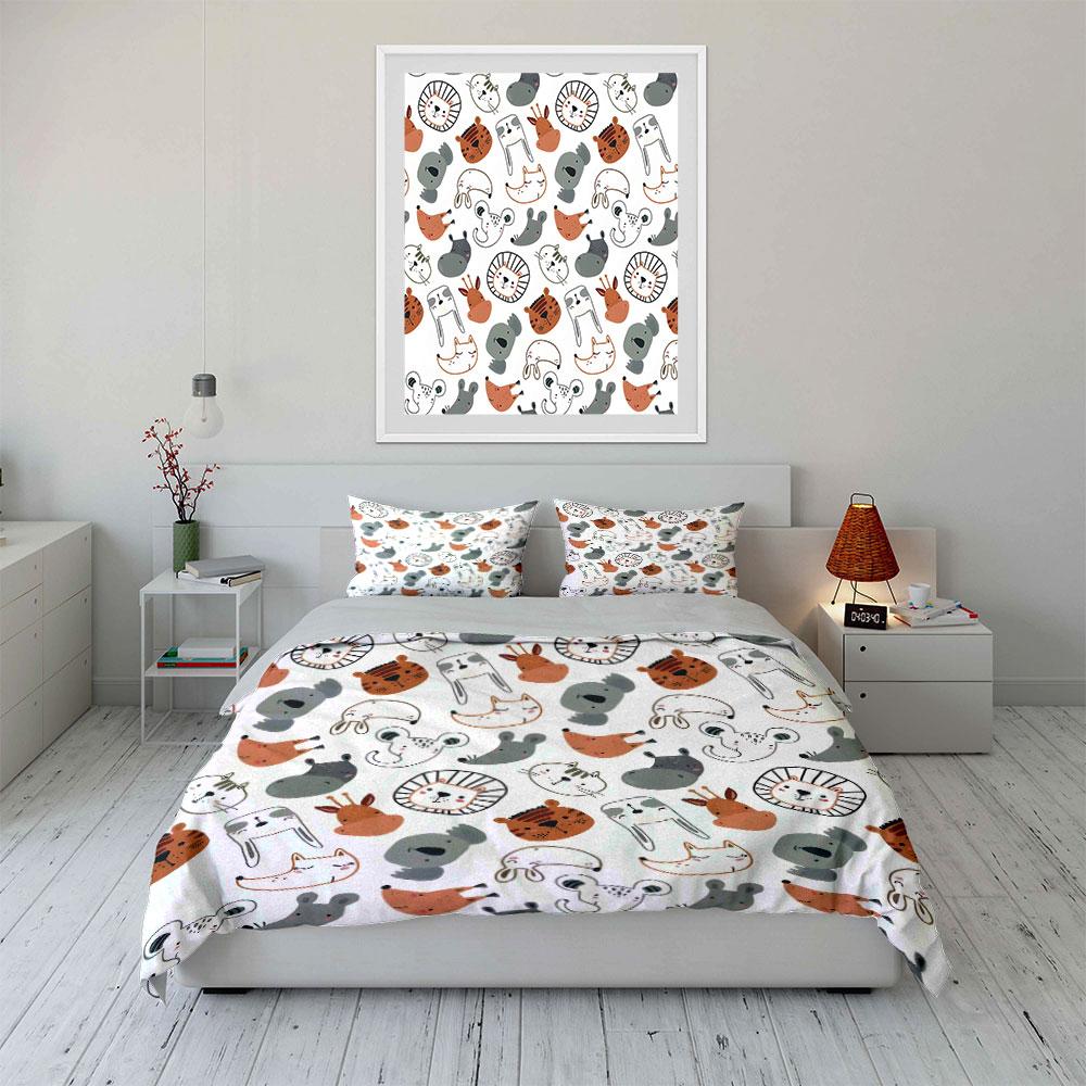 Cute Animal Faces Pattern Bedding Duvet Cover Set (1*Duvet Cover 2*Pillowcases, Without Duvet Insert)