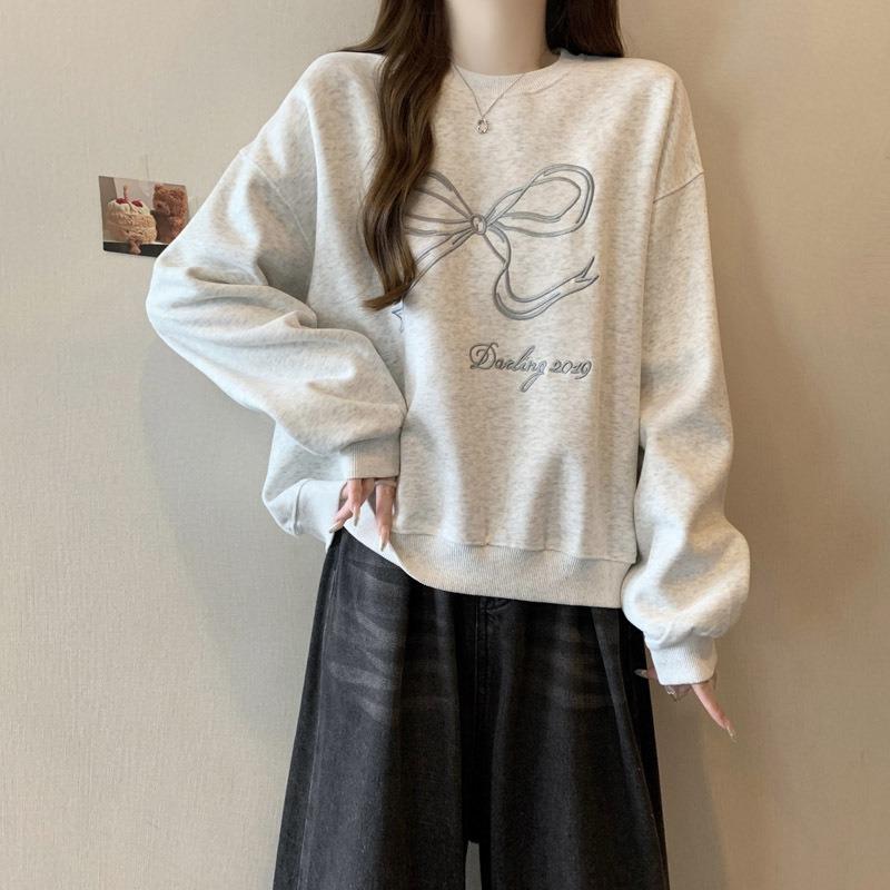 Real Shot Heavy Industry Embroidery Bow Hoodless Sweater Women's Thin New Loose Long-sleeved Top
