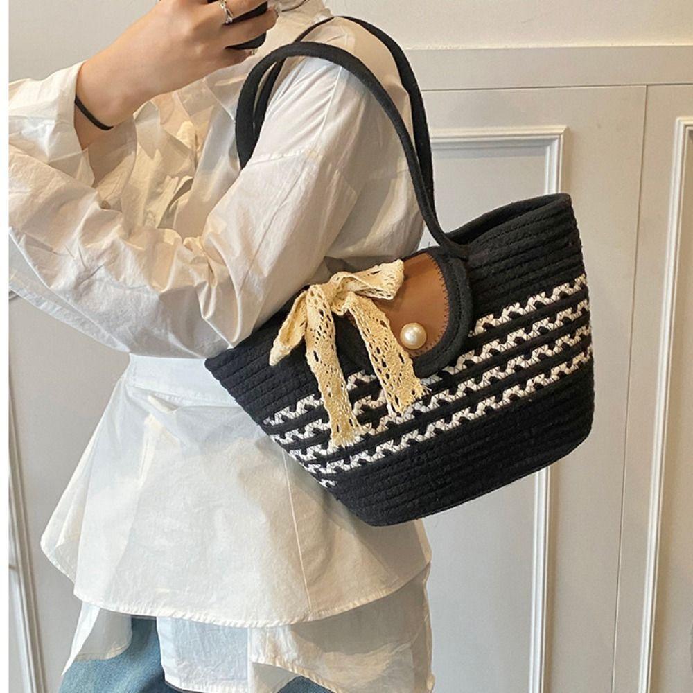 With Ribbon Stripe Tote Handbag Shoulder Bag Summer Beach Bag Simple Woven Tote Bag  Female