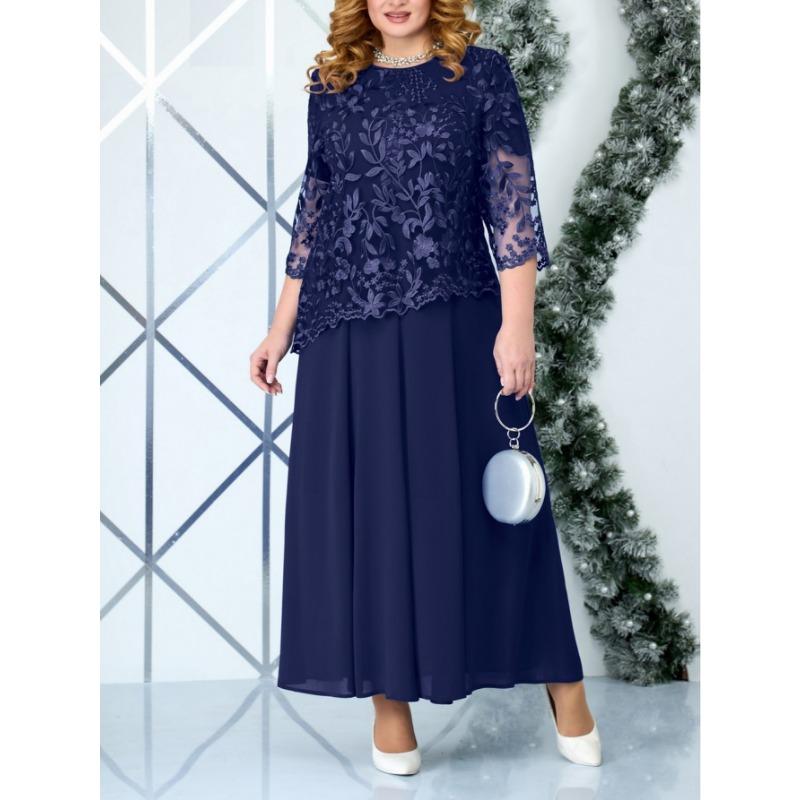 Plus Size Women's New Fashion Lace Chiffon Dress
