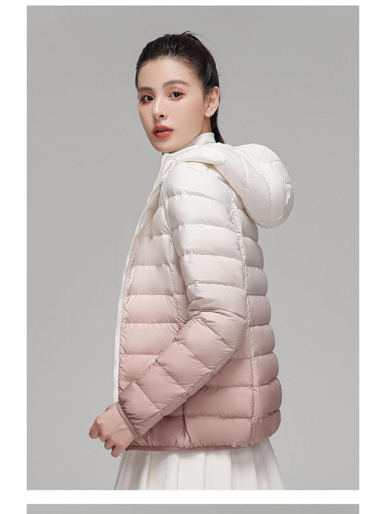 Youjia Women's Gradient Lightweight Down Jacket - 90% White Duck Down, Short Style, Hooded, Autumn/Winter Fashion.