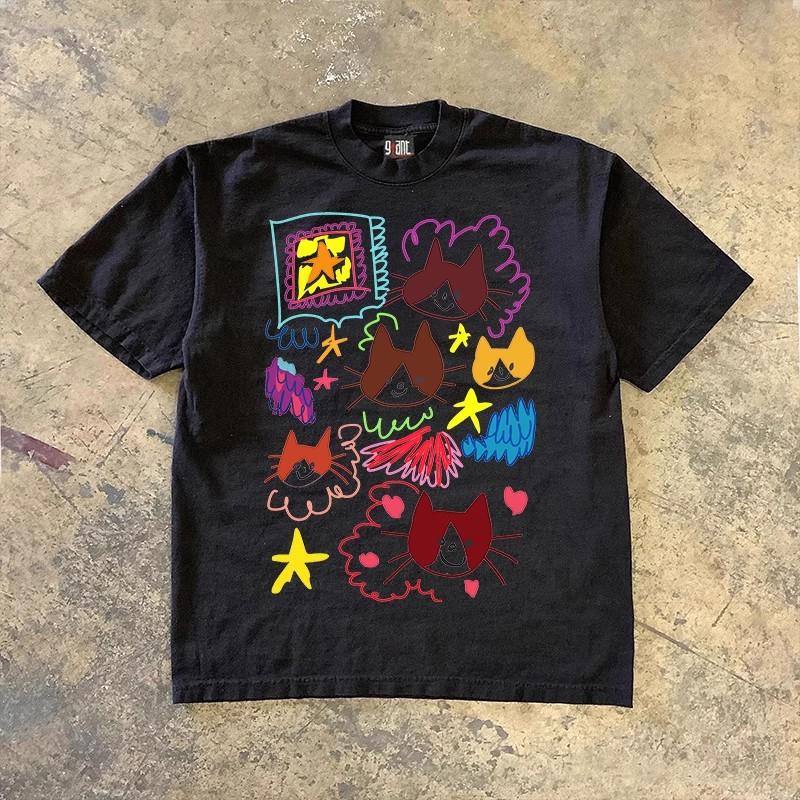 

ZX Cloud cat art graffiti print niche shortsleeved Tshirt for men and women trendy casual top 4XL