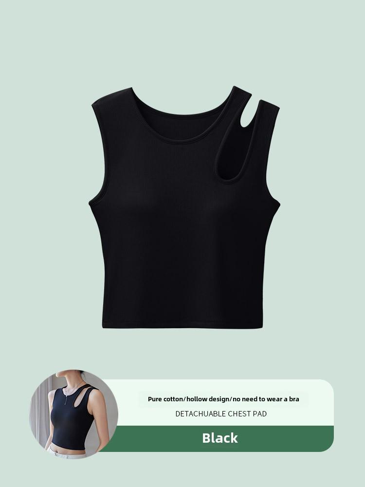 Women's Black Camisole Vest with Chest Pads - Summer Short Chic Bra Top