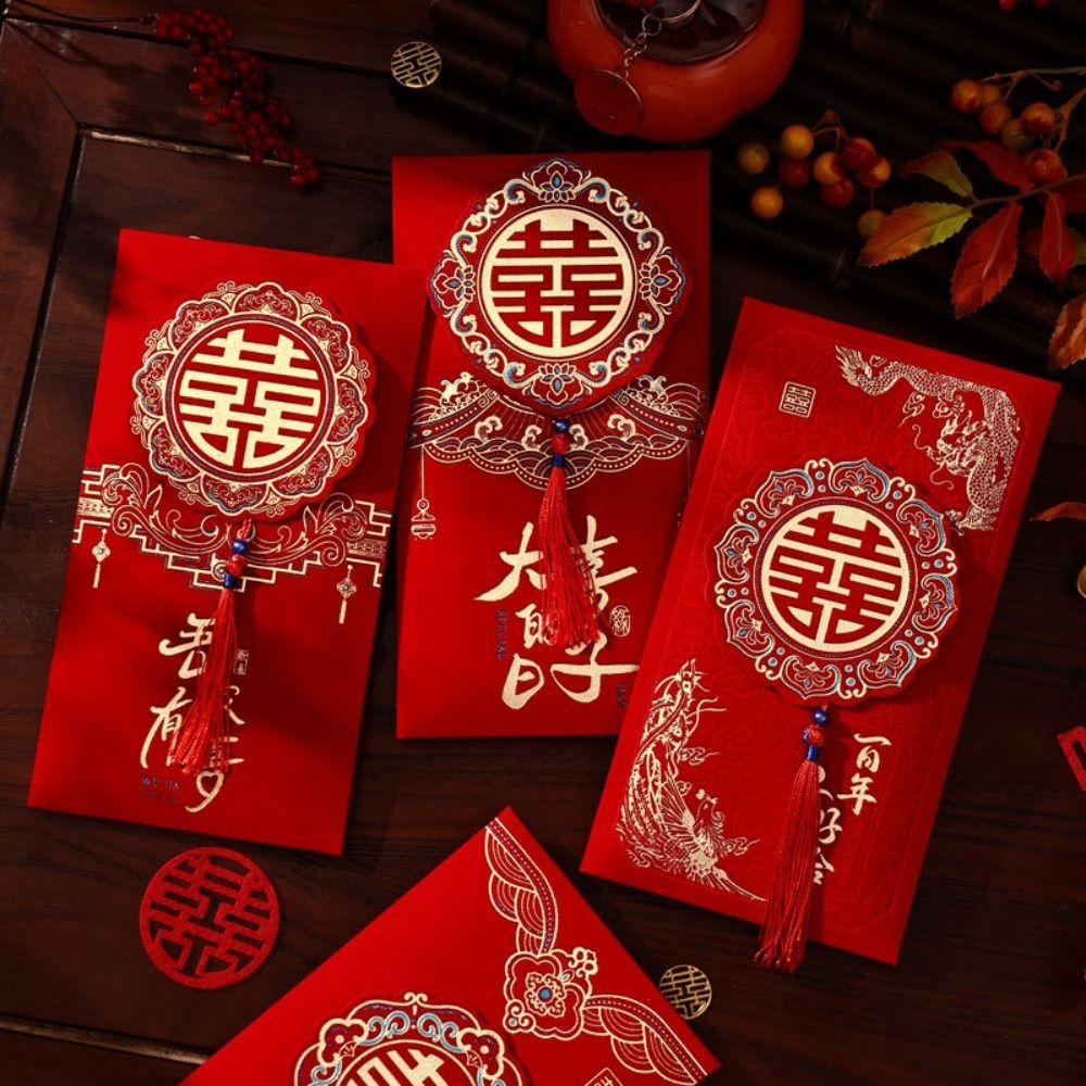 2 Stück/Set Chinesischer Stil Hochzeits-Rotumschlag Hongbao Traditioneller Roter Umschlag Bronzierung Quaste Hochzeits-Geldwechseltasche