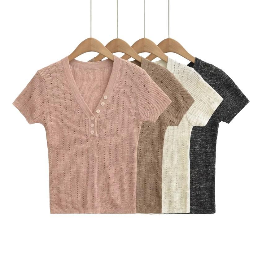V-neck hollow short-sleeved T-shirt women's summer new American Spice Girl style solid color slim-fitting and thin bottoming shirt top