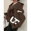 Women Y2K Crop Zip Up Hoodie Letter Print Oversized Long Sleeve Hooded Sweatshirt Casual Streetwear Short Jacket Outerwear