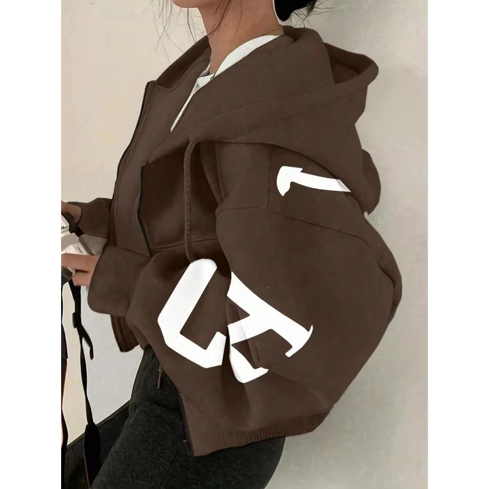 Women Y2K Crop Zip Up Hoodie Letter Print Oversized Long Sleeve Hooded Sweatshirt Casual Streetwear Short Jacket Outerwear