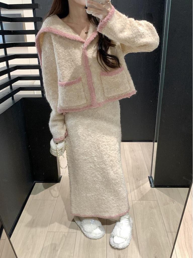 Women's Sweet Spring/Fall High-Waisted Knit Cardigan & Mid-Length Skirt Set