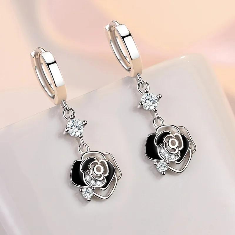 New Trendy 925 Silver Earrings For Women Vintage Black Hollow Rose Flower Ear Jewelry Lady Anniversary Accessories