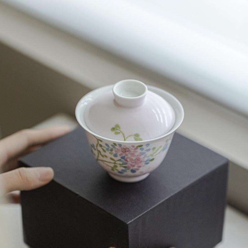 Apricot Pink Glaze Gaiwan Hand Painted Ceramic Gongfu Tea Set Traditional Chinese Brewing Cup Home Use Teaware Gift