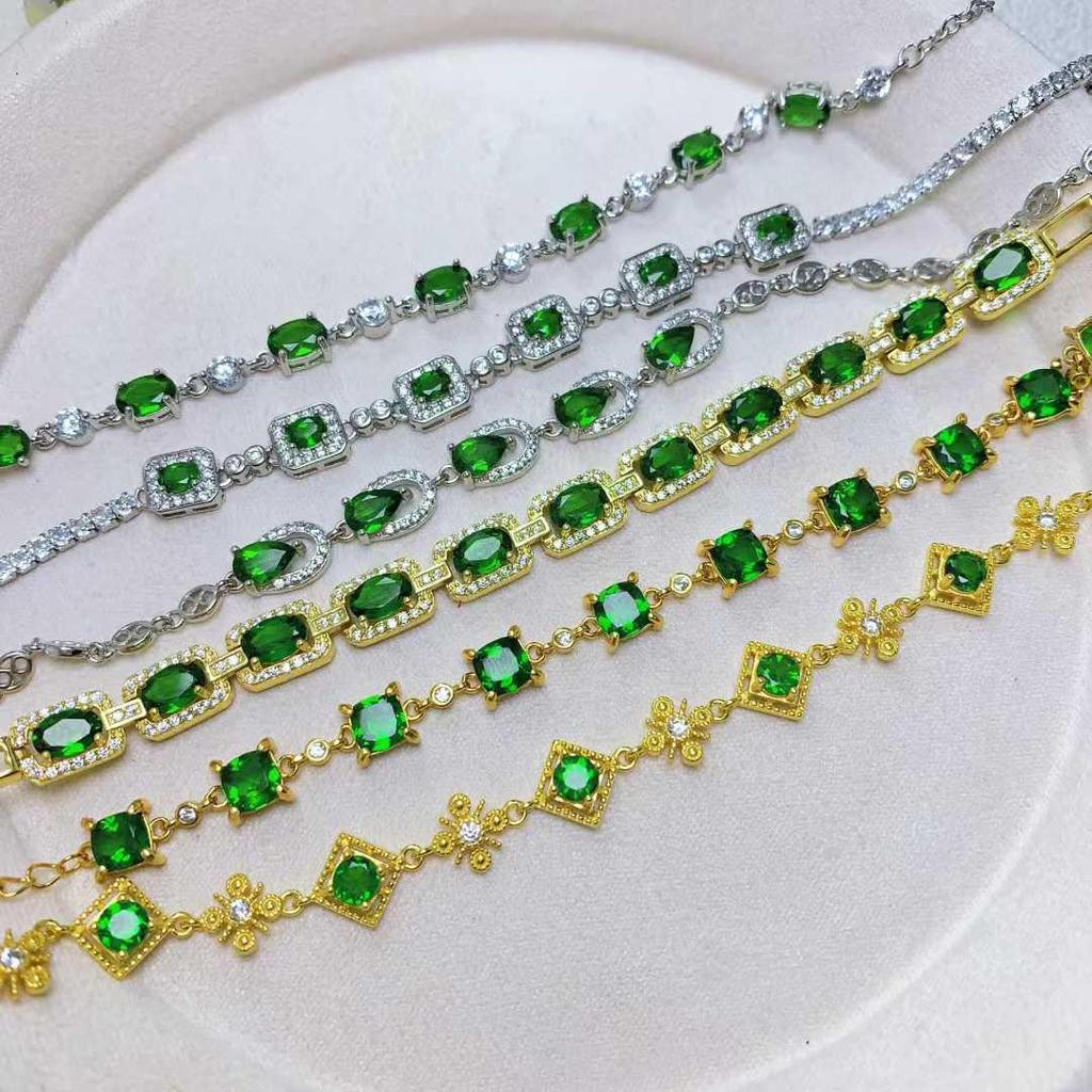 Luxusní Klasický Přírodní Diopsidový Náramek, Vykládaný Stříbrem 925, 5 mm, K dispozici v Různých Stylech
