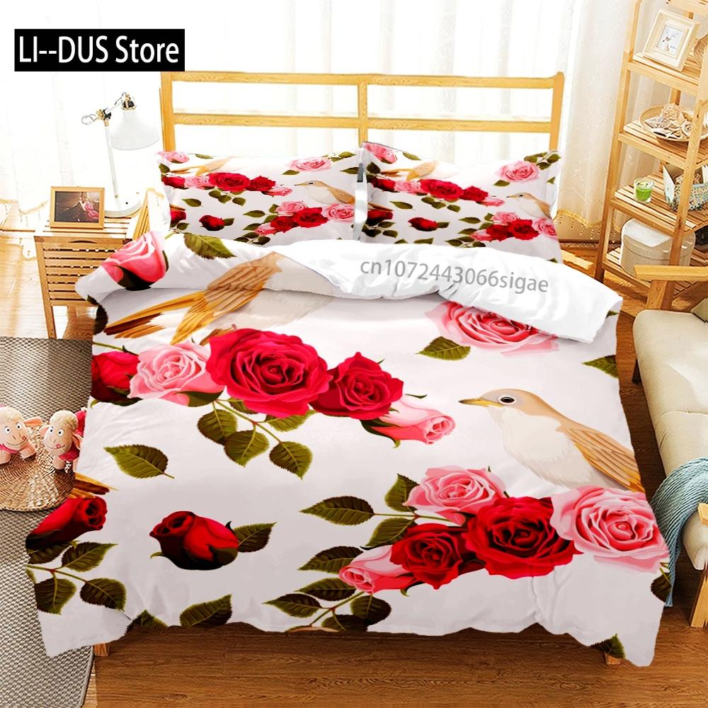 Rose Flower Butterfly Art Print Three Piece Bedding Set Fashion Children or Adults for Beds Quilt Covers Pillowcases Bedding Set