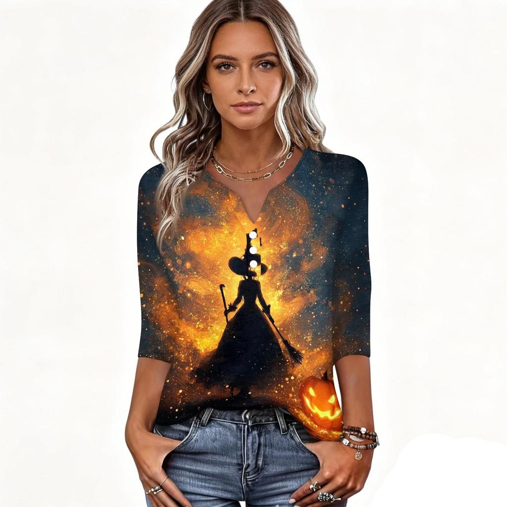 Womens Halloween Print V Neck Button Front Three Quarter Sleeve Casual T Shirt Top with Relaxed Fit and Lightweight Fabric for Seasonal Wear