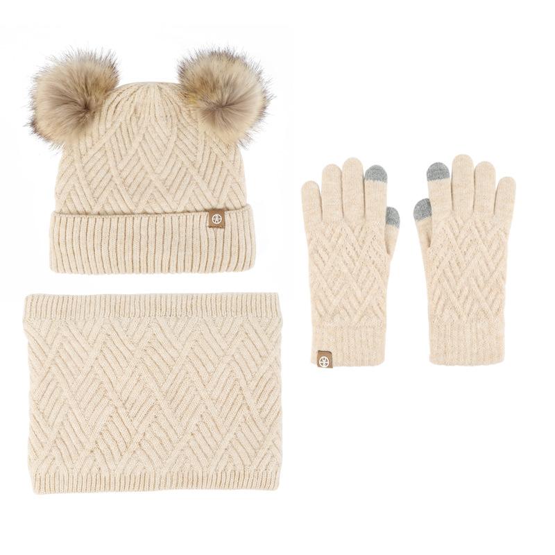Winter middle-aged and older children's hairball hat, scarf, gloves, three-piece set, plush warm knitted children's gloves