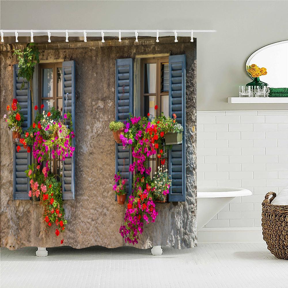 Vattentät Duschdraperi med Blommor Gräs Växt Stenmur för Badrum Badgardiner Extra Lång 180*200 CM 3d Duschdraperi
