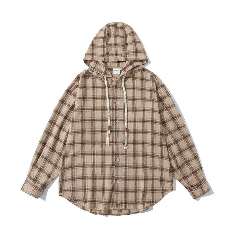 Retro podzimní košile v japonském stylu Pánská hnědá Oblečení pro kluky Kostkované oblečení Dospívající Dlouhý rukáv S kapucí