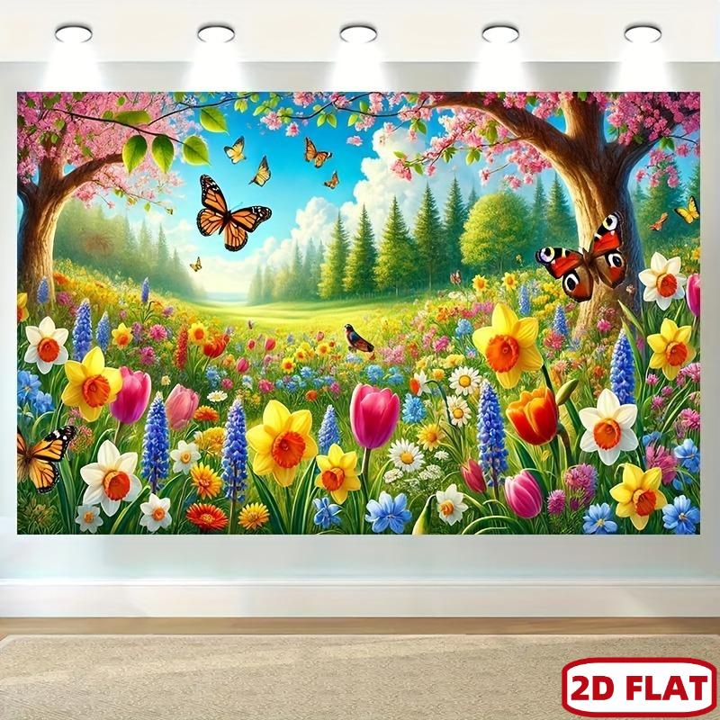 2D flat 1pc Vibrant spring meadow party polyester banner - colorful flowers and lush green plants design, photography ba