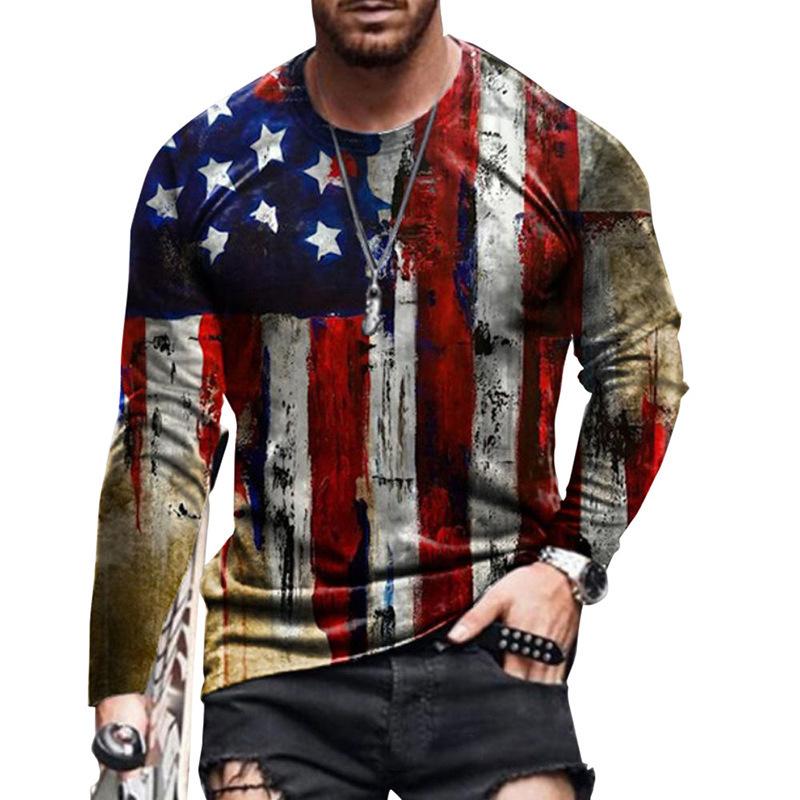 Spring and Autumn Round Neck 3D American Flag and Eagle Printed Top Fashionable Casual Long Sleeved Men's T-shirts