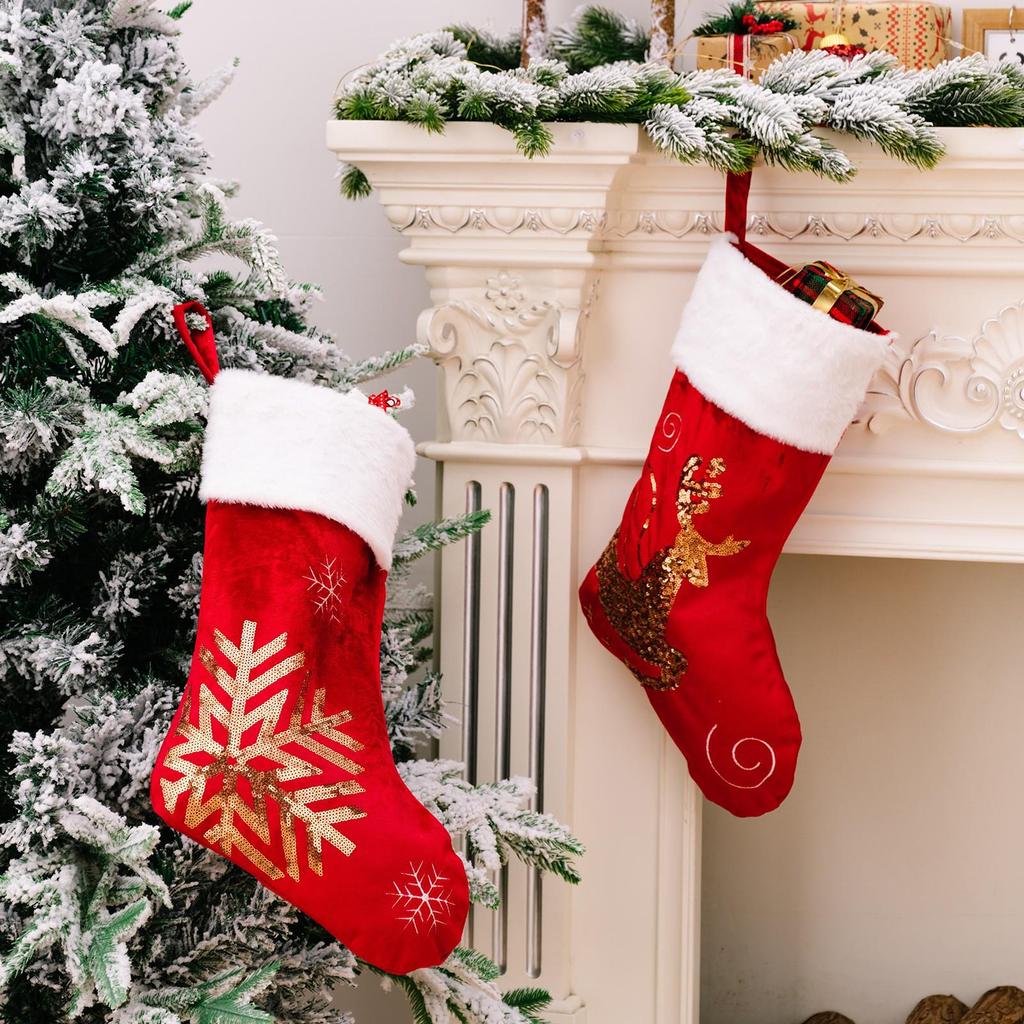White-Edged Snowflake Reindeer Gold Sequin Christmas Stocking - High-End Red Holiday Socks