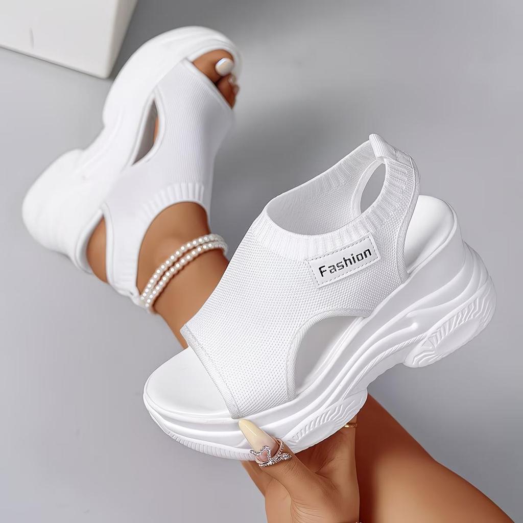Women's Casual Solid Color Wedge Sandals - Comfortable Mesh Breathable Knitted Upper, Platform Wedge with Open-toe Design, Sport-casual Sandals