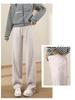 Oatmeal Herringbone Fleece Wide-Leg Pants for Women - Autumn/Winter Slim Fit