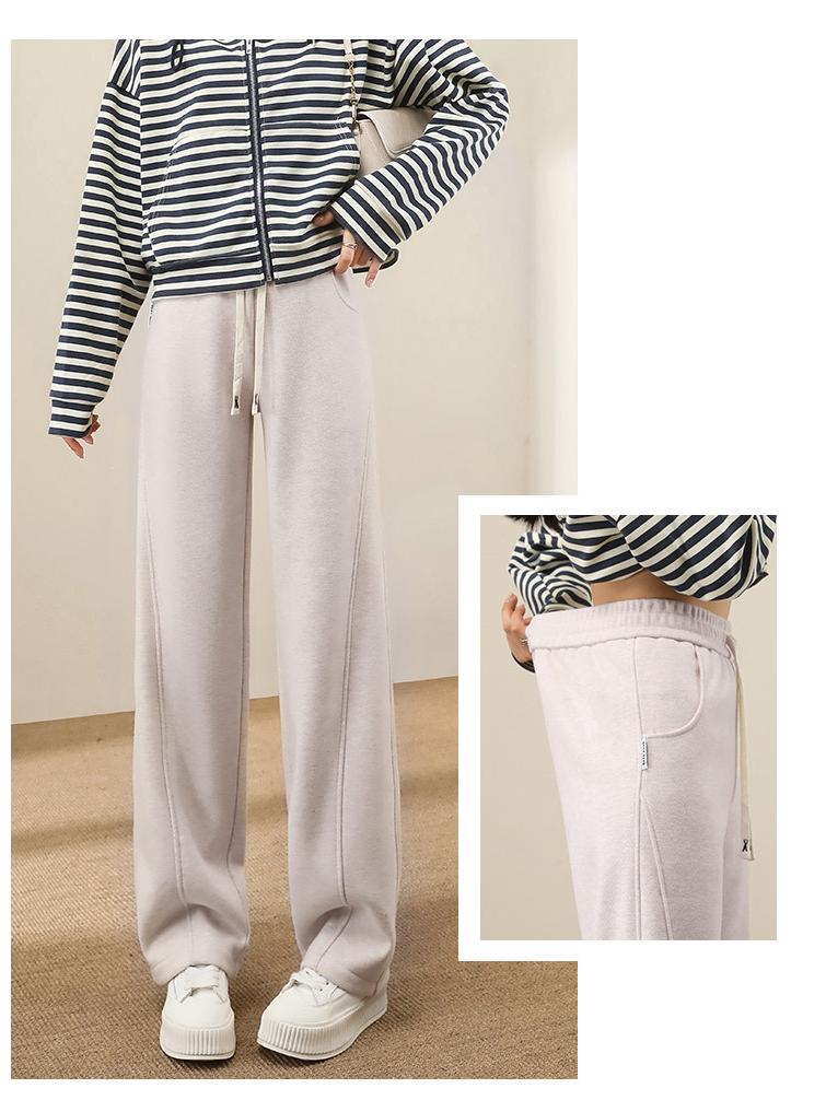Oatmeal Herringbone Fleece Wide-Leg Pants for Women - Autumn/Winter Slim Fit