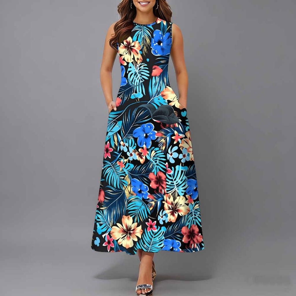 Ladies Oversized Sleeveless Round Neck Dress Fresh Watercolor Blossom Flowy Midi Dress